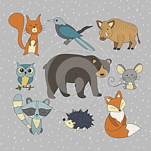 Big set with hand drawn vector, forest, animals.