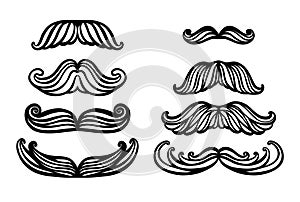 Big set of hand drawn vector mustache. Funny mustache. Collection of cartoon barber silhouette hairstyle . Various types