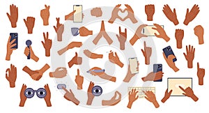 Big set hand gestures. Hands holding stuff. Signs, expressions with pointing fingers, clenched fists, open and greeting