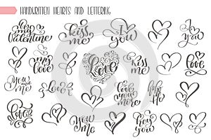 Big set hand written lettering about love to valentines day and heart design poster, greeting card, photo album, banner