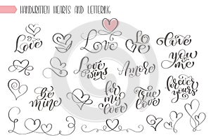 Big set hand written lettering about love to valentines day and heart design poster, greeting card, photo album, banner