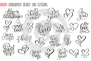 Big set hand written lettering about love to valentines day and heart design poster, greeting card, photo album, banner photo