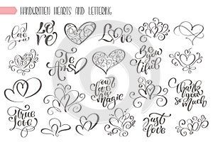 Big set hand written lettering about love to valentines day and heart design poster, greeting card, photo album, banner photo