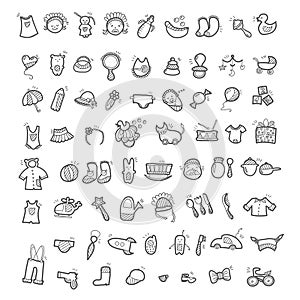 Big set of handwritten icons of childhood things