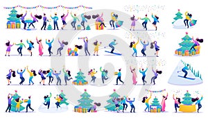 Big set of Happy Christmas Happy people, characters in a flat cartoon style, dancing, celebrating Christmas. Set with