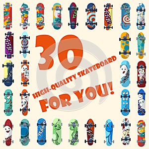 Big set of 30 high quality skateboards and skateboarding elements street style. photo