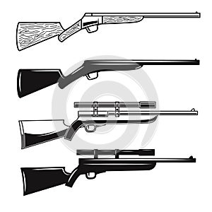 Big set of hunting guns, rifles. Design element for logo, label, sign, poster, t shirt.