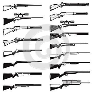 Big set of hunting guns, rifles. Design element for logo, label, sign, poster, t shirt.