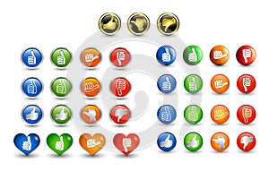 Big set icons buttons. Thumbs up green and blue - orange neutral thumb - thumb down red. Online voting symbol. Concept like it. Do