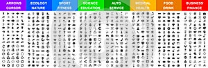 Big set icons by category: arrows, ecology, sport, science, auto, medical, food & drink, business, and many more