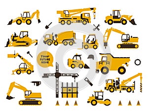 Big set of icons construction work. Building machinery, special transport. Heavy Equipment. Trucks, cranes, tractors