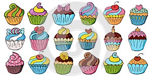 Big Set of icons of cupcakes, muffins in hand draw style. Collection of vector illustrations. Sweet pastries. Sign