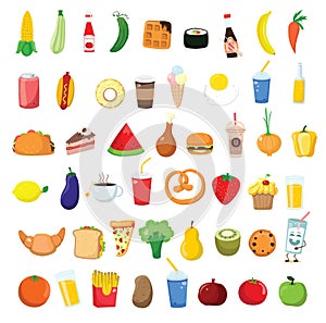 Big set icons food, flat style. Fruits, vegetables, meat, fish, bread, milk, sweets. Meal icon isolated on white