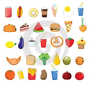 Big set icons food, flat style. Fruits, vegetables, meat, fish, bread, milk, sweets. Meal icon isolated on white