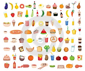 Big set icons food, flat style. Fruits, vegetables, meat, fish, bread, milk, sweets. Meal icon isolated on white