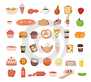 Big set icons food, flat style. Fruits, vegetables, meat, fish, bread, milk, sweets. Meal icon isolated on white