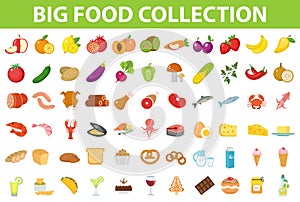 Big set icons food, flat style. Fruits, vegetables, meat, fish, bread, milk, sweets. Meal icon on white