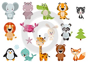 Big set isolated animals. Vector collection funny animals.