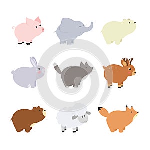 Big set isolated animals. Vector collection funny animals. Cute animals forest, farm, domestic, polar in cartoon style. Pig, eleph