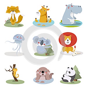 Big set isolated animals. Vector collection funny animals. Cute vector Zoo with animals in cartoon style.