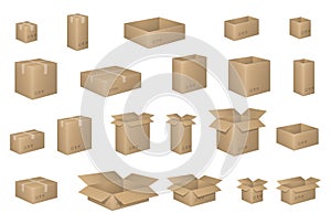 Big Set of isometric cardboard boxes on white. Carton box Organized by layers. Vector illustration of packaging