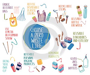 Big set of items for eco lifestyle zero waste life