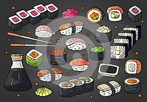 Big set of japan sushi and rolls collection on chalkboard. Vector hand drawn sushi collection, asian food