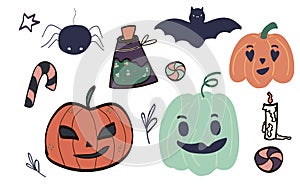 Big set of kawaii funny Halloween elements, characters, with text, haunted house, pumpkins, ghosts, cat, mummy . Isolated objects
