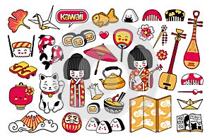 Big set of kawaii japanese cartoon stickers. Kokeshi doll, maneki-neko, sushi, geisha and origami