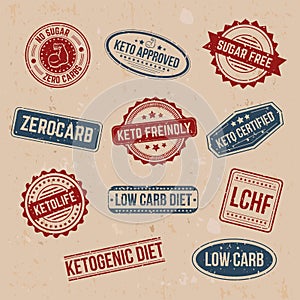 Big set of keto stamps and labels isolated on craft background w photo