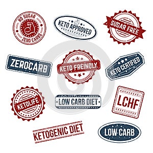 Big set of keto stamps and labels isolated white craft background with grunge effect. LCHF, Low carb, Zerocarb, Keto approved, no