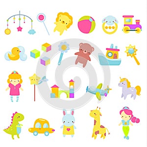 Big set of kids toys. Children game tools icons. Doll, car, teddy bear and other playing objects for toddlers. Vector collection