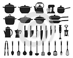 Big set of kitchen utensils, silhouette. Pots, frying pans, ladle, kettle, coffee maker, mixer, blender, knives. Icons