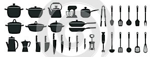 Big set of kitchen utensils, silhouette. Pots, frying pans, ladle, kettle, coffee maker, mixer, blender, knives. Icons