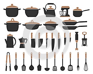 Big set of kitchen utensils, silhouette. Pots, frying pans, ladle, kettle, coffee maker, mixer, blender, knives. Icons
