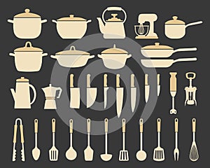 Big set of kitchen utensils, silhouette. Pots, frying pans, ladle, kettle, coffee maker, mixer, blender, knives. Icons