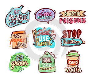 Big Set of Labels and Badges with Doodle Hand Drawn Elements and Typography No Plastic, Use Paper Bags, Stop Pollution