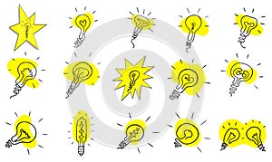 Big set of light bulbs flat icons. 15 vector illustrations in simple outline style. Doodle art graphic element for disign, logo,