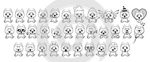 Big set of little dogs with different emotions and objects painted with black lines on a white background.