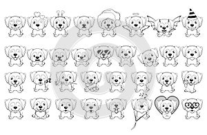 Big set of little dogs with different emotions and objects painted with black lines on a white background.