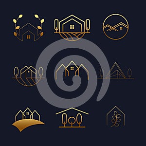 Big set of logo icons. House and trees vector collection. Real estate emblems set.