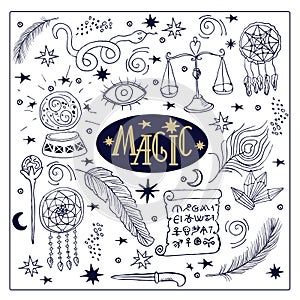 Big set Magic doodle. Dream Catcher, feathers, crystals, magic  ball .