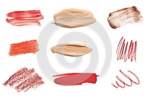 Big set of makeup tools texture. Lipstick, eye brows pencil and shadows.  - Image
