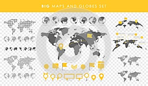 Big set of maps and globes. Pins collection. Different effects. Transparent Vector illustration