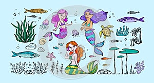 Big set on the marine theme with mermaids and sea animals made in cartoon style.