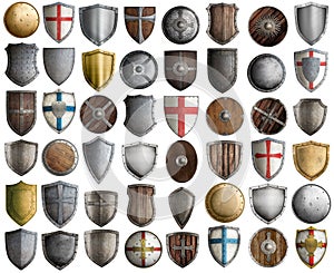 Big set of medieval knight shields isolated 3d illustration photo
