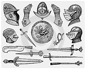 Big set medieval symbols, Helmet and gloves, shield with dragon and sword, knife and mace, spur vintage, engraved hand