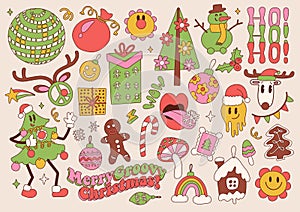 Big set of Merry Christmas groovy retro 70s elements. Groovy Hippie holiday collection clip art. Christmas tree mascot