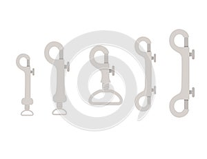 Big set of metal claw clasps alpine climbing equipment flat vector illustration isolated on white background