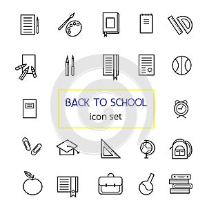 Big set of modern outline flat icons. 22 symbols. `Back to school` collection of elements